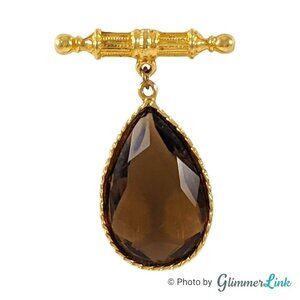 Vintage Brown Faceted Glass Teardrop Dangle Gold Tone Bar Brooch